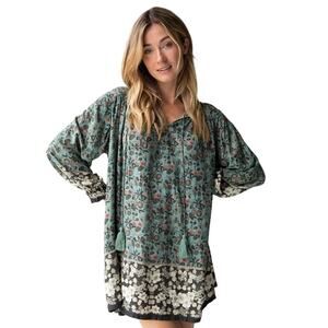 Natural Life Green Floral Dara V Neck Long Sleeve Tunic Dress Size Large